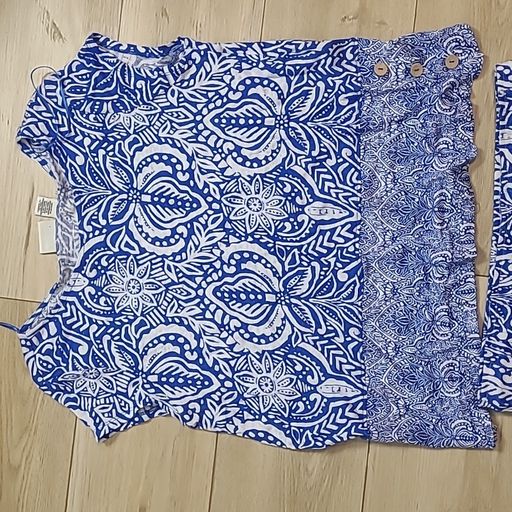 RACHEL ZOE Boho Printed Pattern 2 pc Large Wide Leg Pant Set Blue 100% Linen L - Picture 2 of 11